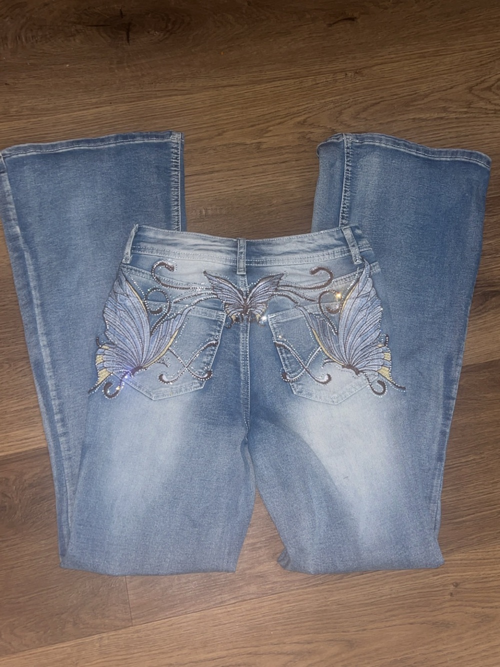 Light Blue Flare Jeans with Butterfly Embroidery *bling*